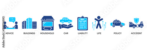 Insurance icon set vector illustration concept relate to advice, buildings, household, car, liability, life, policy and accident