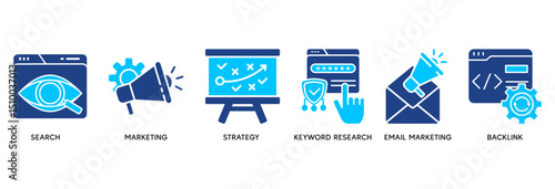 Seo marketing icon set vector illustration concept relate to search, marketing, strategy, keyword research, email marketing, backlink