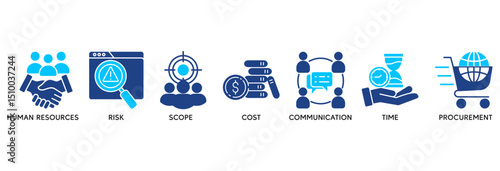 Project management icon set vector illustration concept relate to human resources, risk, scope, cost, communication, time and procurement