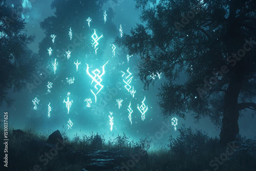 Glowing runes floating in magical night