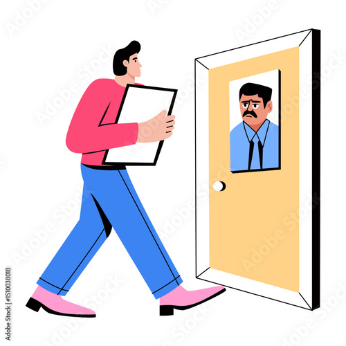 Flat style illustration depicting a candidate going to the interview room