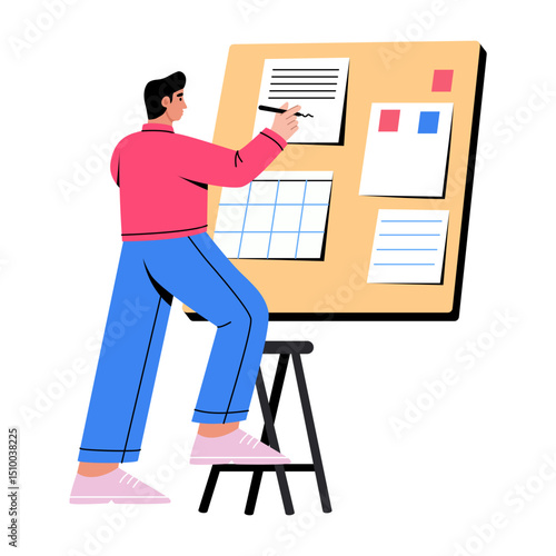 Flat style illustration showing a character making portfolio