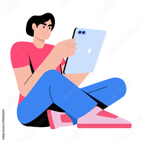 Flat style illustration showing a person actively searching jobs
