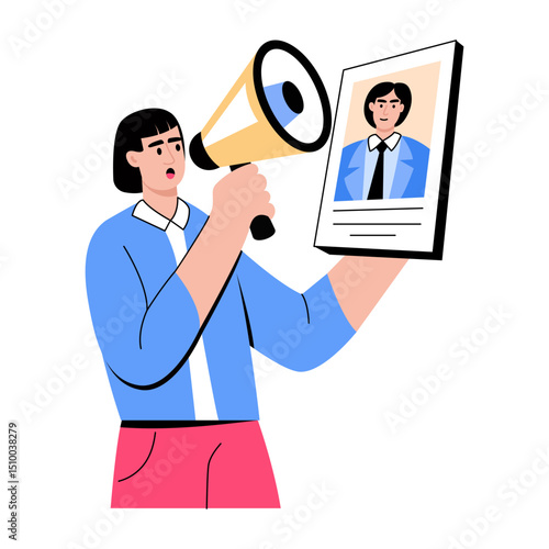 Flat style illustration showing a character announcing new vacancy