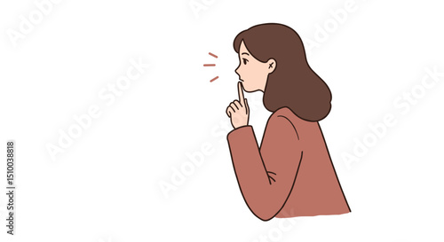 woman signaling for silence with a finger on her lips thoughtfully on a white background