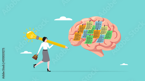 idea memory, reminder of productive plans or new business strategy, thinking skills to form good work habits, remembering or studying work plans, businesswoman write sticky notes on human brain
