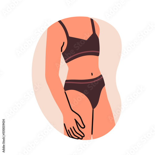 Female body in lingerie. Slim slender woman with thin figure, wearing bra, pa...