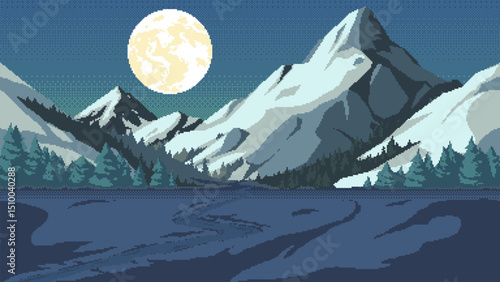 Pixel art mountain landscape at night.