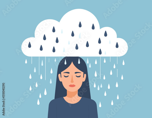 Illustration of a woman with a rain cloud overhead, symbolizing sadness and mental health awareness.