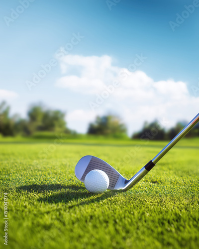 close-up of a golf club poised to hit a golf ball on a pristine green field under a clear blue sky, evoking focus, precision, and the beauty of the game