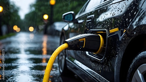 close-up of an electric car charging port in the rain, water droplets on the glossy car surface, charger plugged in with yellow cable, dramatic lighting with reflections,Generative Ai
