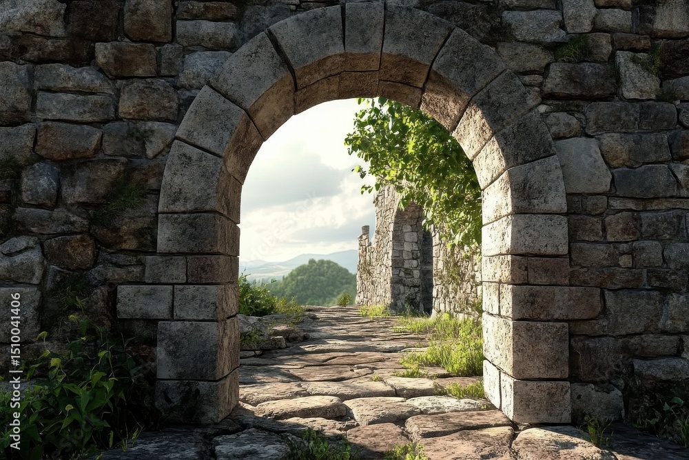 Fototapeta premium Exploring a stone archway gateway at a castle overlooking the sea under a cloudy sky, Stone Archway Gateway in castle Photo background Seamless time lapse quality