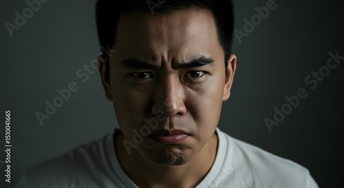 Asian man displays a look of intense anger and deep frustration while staring directly at the camera in this dramatic portrait against a dark background.