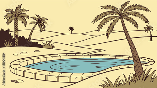 Desert Oasis with Palm Trees – Refreshing Desert Haven Vector