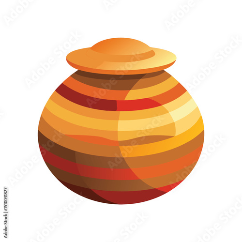 Colorful striped ceramic pot with lid depicted in a flat illustration for design purposes