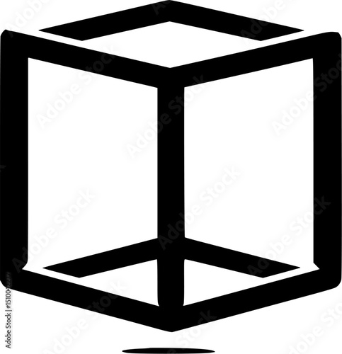 Black outline forms a 3D cube or box shape with white fill A small horizontal bar sits below