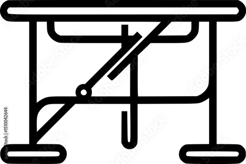 Line drawing of an exam table with a retractable section and adjustable leg supports