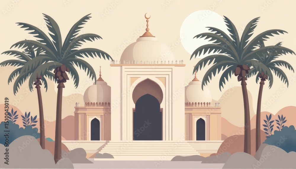 Naklejka premium Desert Mosque with Palm Trees in Warm Beige Landscape Art