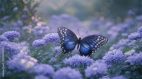 Majestic Blue Butterfly on Purple Flowers