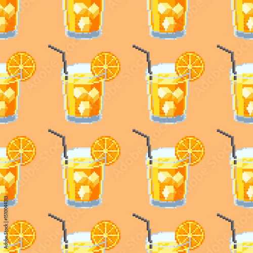 Seamless summer pattern with orange cocktail in pixel art style. Bright fruity drink design for fabric, packaging, digital projects and wallpaper.