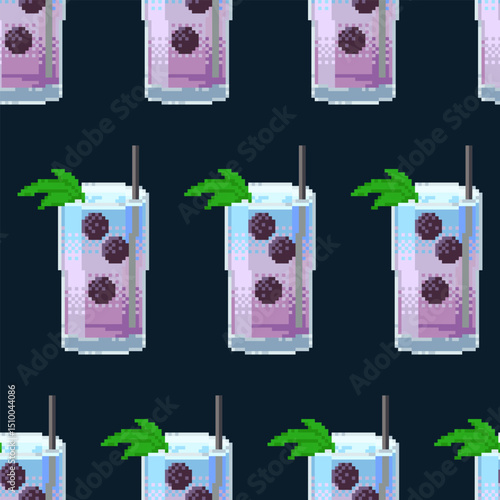 Pixel art seamless pattern with refreshing blackberry cocktail. Cute retro style for digital use, wrapping, textiles or summer design.