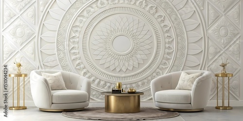Lippan art mandala behind a floating wooden sideboard and white modern accent chairs in a high-ceilinged living space”
