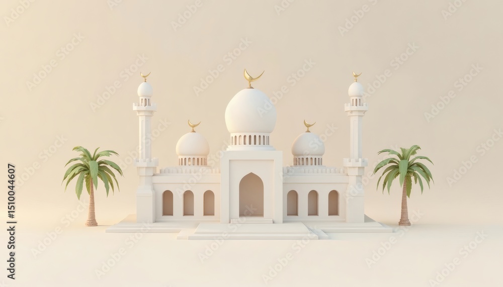 Naklejka premium White Mosque with Crescent Moon and Palm Trees on Beige Background