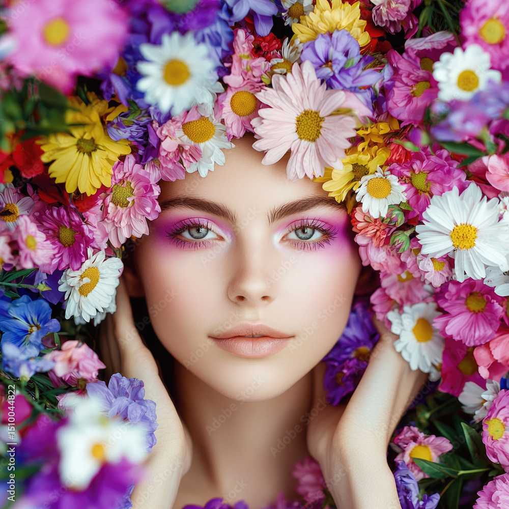 Beautiful woman with colorful makeup surrounded by vibrant daisies and wildflowers, serene expression, spring floral beauty Beautiful woman with colorful makeup surrounded by vibrant daisies and wildflowers, serene expression, spring floral beauty