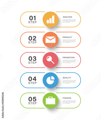 Five Business Processes Vertical Infographic Template. Infographic Design With Icons For Presentation Slides