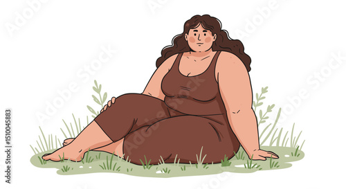 Plus-size woman sitting on grass in casual outfit on a white background
