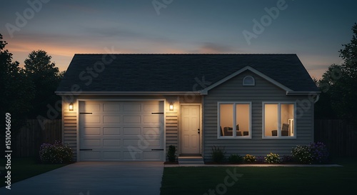 House Exterior at Dusk with Garage and Lawn