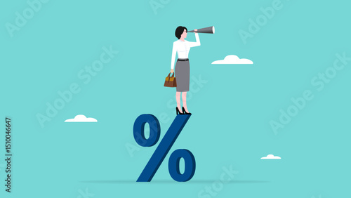 Vision to see business direction with a businesswoman who uses a telescope while standing on percent symbol to see the next business strategy concept design