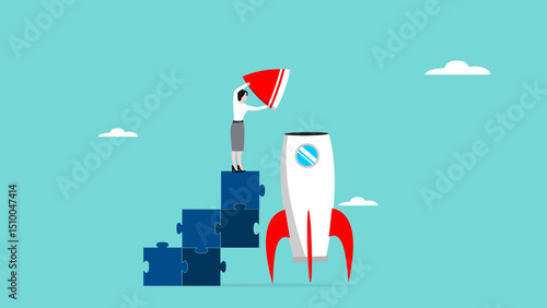 business startup progress, success steps in building a start-up business, journey to success in starting a business, businesswoman climbs the ladder of the puzzle and completes the rocket design0