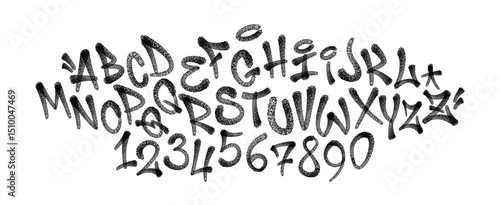 Graffiti spray alphabet. Spider font and digits. Vector illustration