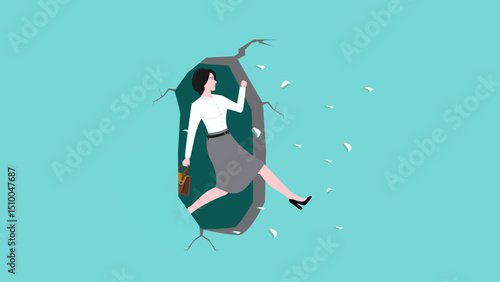 Overcome obstacle, Break down barriers to career success, male leadership to solve problem, career or comfort zone, courage businesswoman jump breakthrough wall concept vector illustration