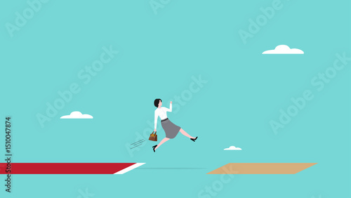 ambition to win the business competition, strive to do better to achieve career success, businesswoman long jump to winning new record vector illustration