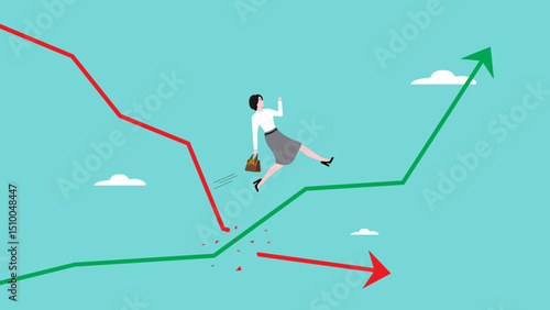 recovering from the economic crisis, businesswoman jumps from the red graph down to the green growing graph concept vector illustration, change career path or business strategy