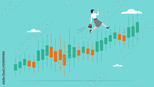 business growth with the concept of happy businesswoman run up the growth graph, business growth followed by a lot of income, profit performance, investment sales growth concept