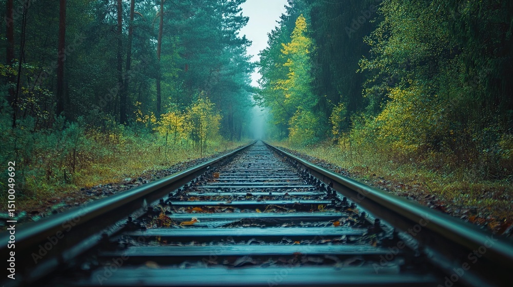 Journey s Path Railway tracks vanish into a misty forest evoking solitude and unknown futures with a Journey s Path Railway tracks vanish into a misty forest evoking solitude and unknown futures with a