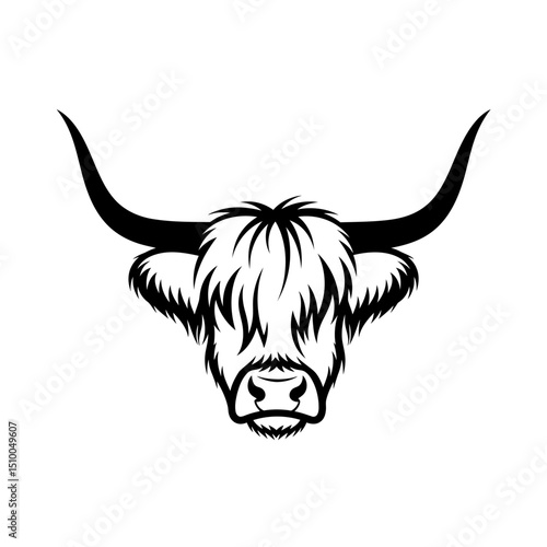 Highland cow head isolated on white background, a scottish cattle breed with long horns and shaggy fur, vector illustration in black and white for logo or graphic design