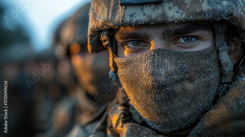 Soldier prepares for mission at dawn, showcasing determination and focus amid early morning light