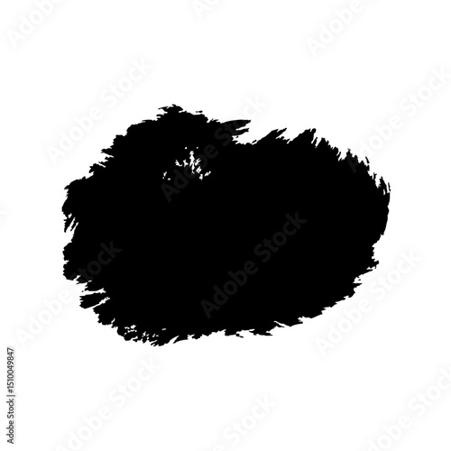 Scratch and dent text on a black grunge stain isolated on white background, representing damage, repair, or imperfection in a visually striking way