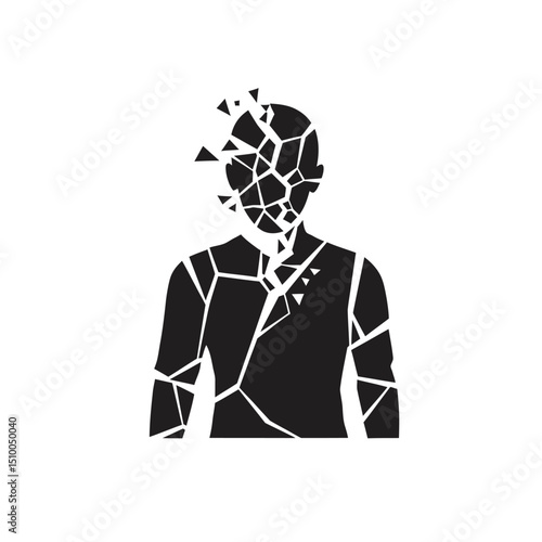 Abstract silhouette of a man with a shattered head, symbolizing mental health issues, stress, trauma, and the fragmentation of identity, isolated on white background