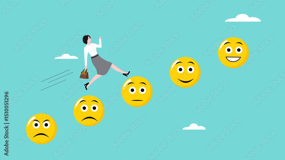 Obraz premium enjoyable work according to your talents and interests, intelligence to improve career success, happy businesswoman jump from anxiety to delight smiling face emoticon vector illustration