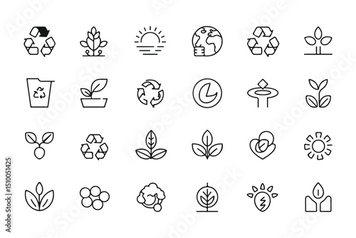 Many ecological outline icons symbolize nature's beauty, recycling efforts, and environmental conservation shown with transparent background