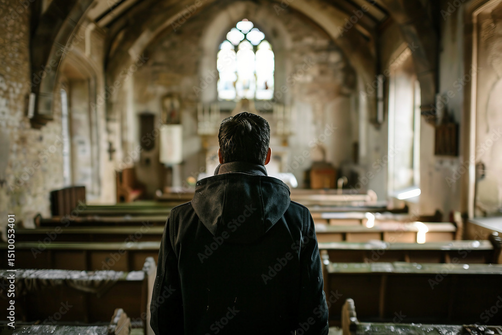 Person in a historic church with stained glass windows, reflecting on faith and spirituality – generative AI Person in a historic church with stained glass windows, reflecting on faith and spirituality – generative AI