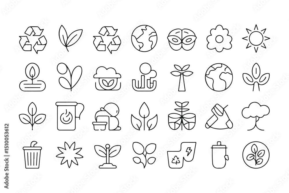Fototapeta premium Twentyseven different minimalistic line art icons related to environmental awareness are displayed against a transparent background