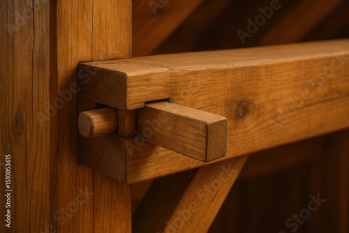 Close up of traditional wooden joinery featuring interlocking mortise and tenon connection in warm natural timber construction photo
