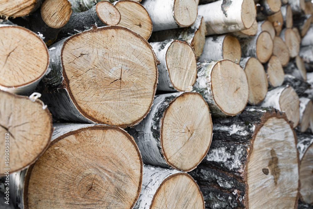 Fototapeta premium Stack of chopped birch logs prepared for firewood, showing natural textures and wooden surfaces in close-up.