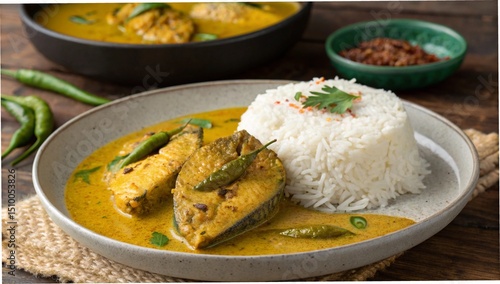 A horizontal close-up of a traditional Bengali dish—Hilsa fish (Ilish) in mustard sauce—served with steamed white rice on a ceramic or steel plate, placed on a rustic wooden table. 